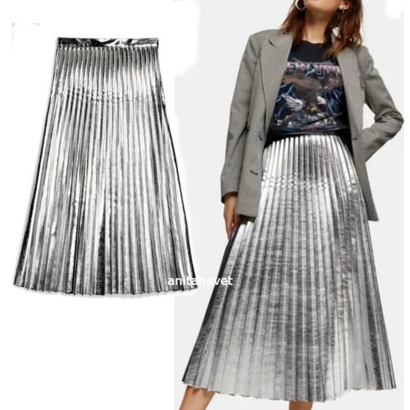 TOPSHOP Metallic Pleated Midi Skirt - Picture 1 of 9